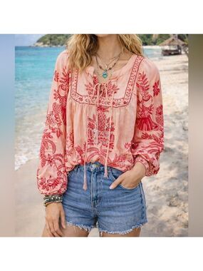 Calypso St Barth Puff Sleeve Beaded Tassel Peasant Blouse Coral Pink size small